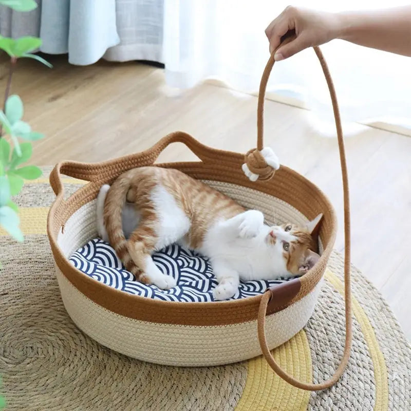 Cat Ear Shape Thickened Woven Cat Scratching Board Pet Bed - Khaki White