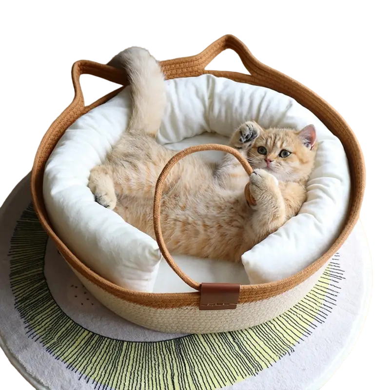 Cat Ear Shape Thickened Woven Cat Scratching Board Pet Bed - Khaki White