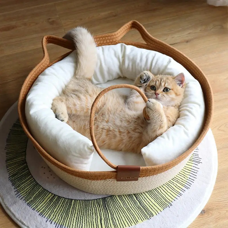 Cat Ear Shape Thickened Woven Cat Scratching Board Pet Bed - Khaki White
